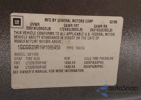 1998 Chevrolet Chevy Van G2500 из США, поврежденный, VIN 1GCGG25R1W1065455